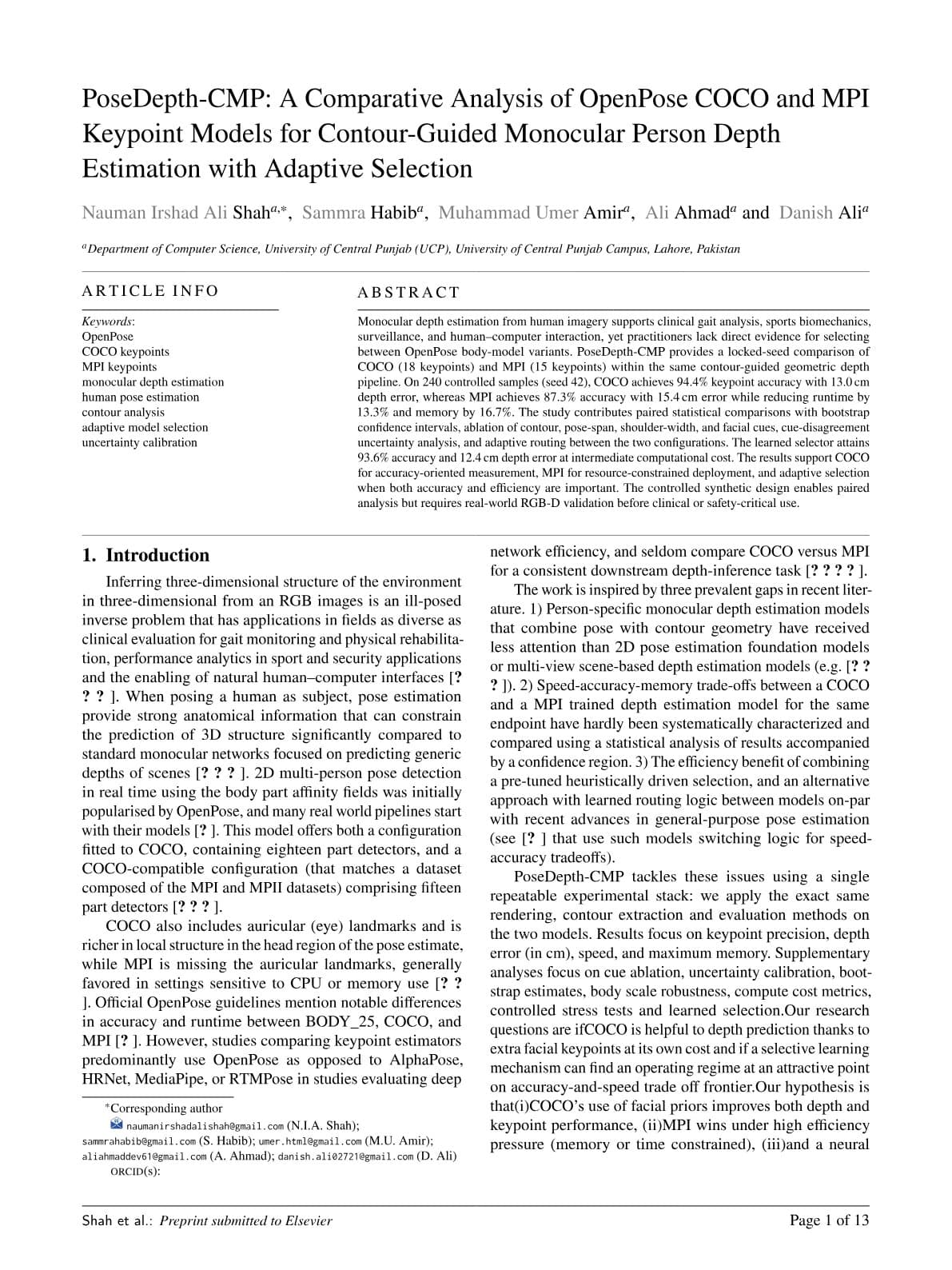 PoseDepth-CMP · OpenPose COCO vs MPI for Person Depth Estimation project imagery