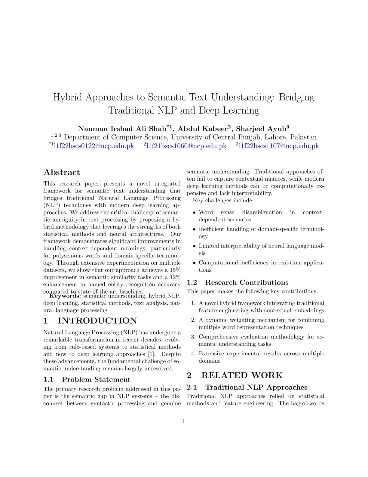 First page of Hybrid Approaches to Semantic Text Understanding: Bridging Traditional NLP and Deep Learning